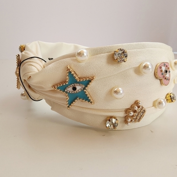 6,  NWT Ivory Pearl Evil Eye Star Heart Crown Embellished Twisted Headband - Picture 6 of 9